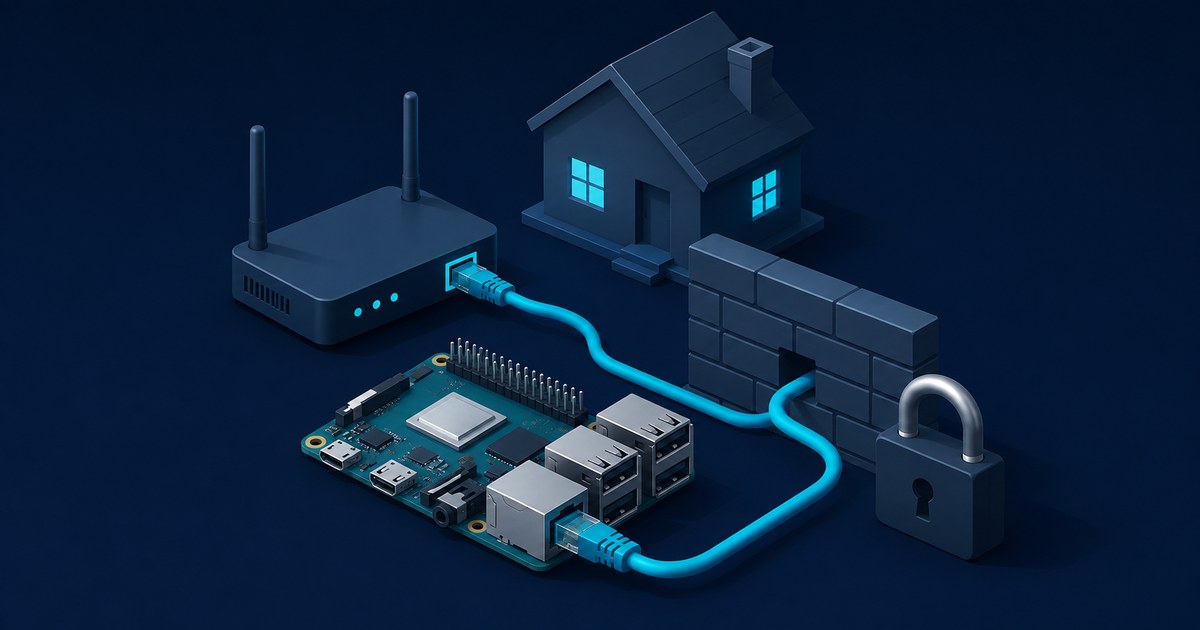 A 3D-rendered Raspberry Pi connects by glowing blue cables through a brick firewall to a router, house, and padlock.