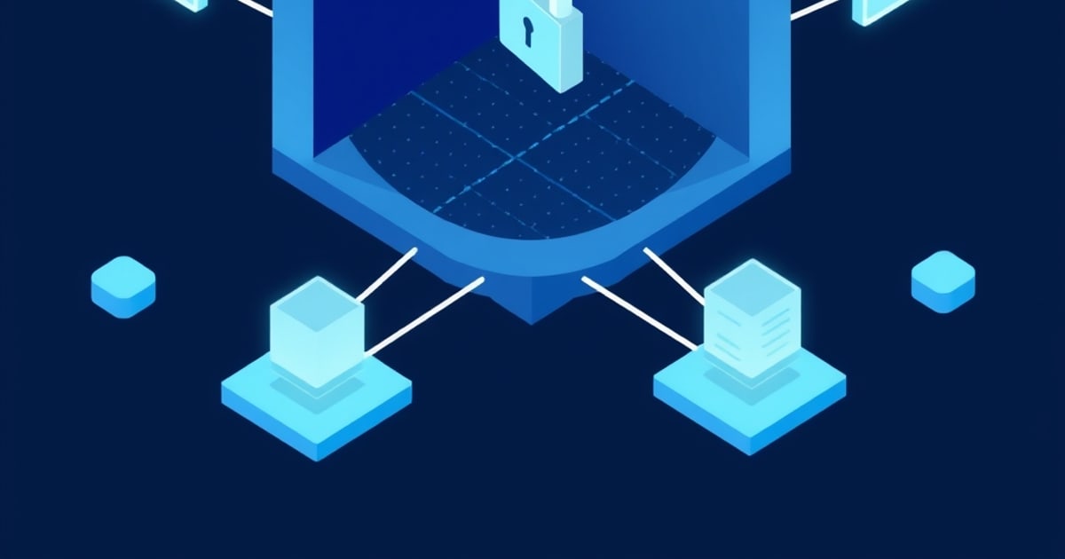 Isometric blue shield with a padlock over a grid floor, linked by glowing lines to cube and server peer nodes on a dark navy background