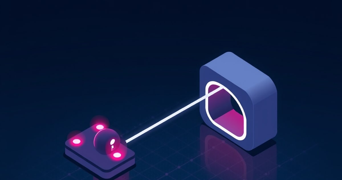 Flat isometric illustration of a keyhole node on a lit pad linked by a bright beam to a glowing hexagonal portal, evoking an encrypted WireGuard tunnel.