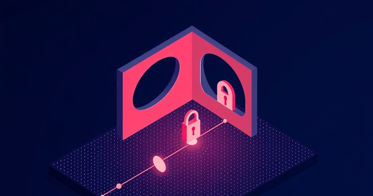 Flat isometric illustration of two pink corner walls with large oval openings and glowing padlocks, above a dotted slab crossed by a bright pink line.