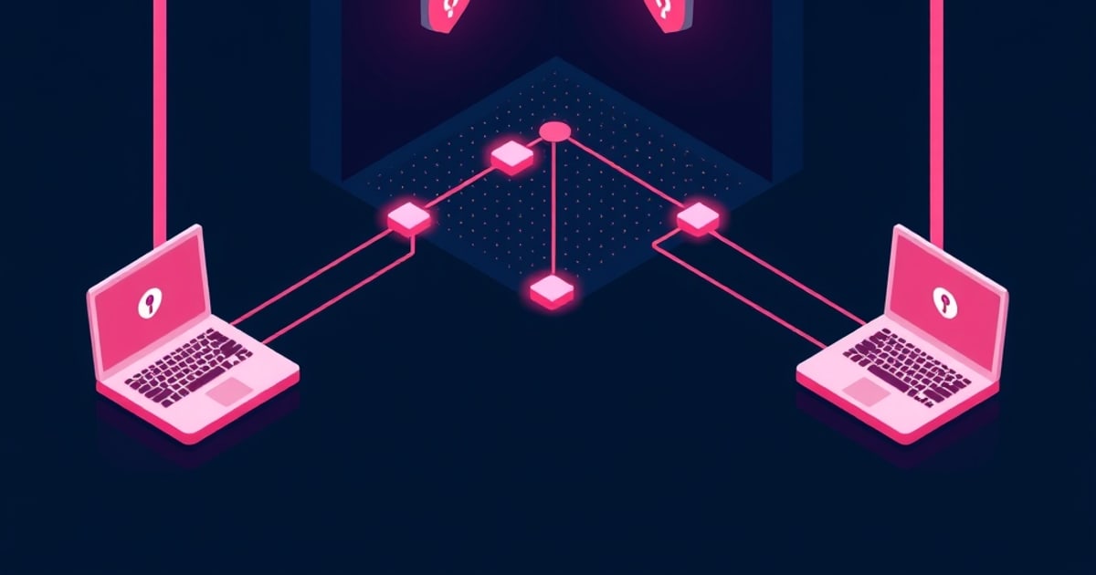 Flat isometric illustration of two pink laptops with padlock screens joined by glowing links through a mesh of small pink nodes on a dark backdrop.