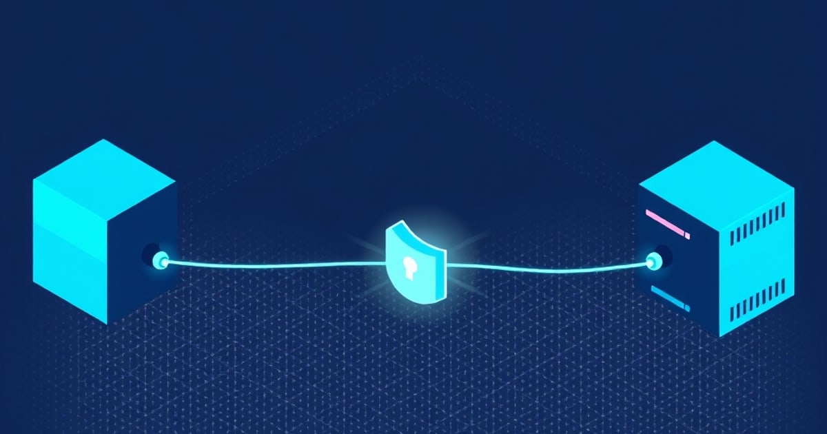 Two glowing cyan isometric server boxes on a dark blue grid, joined by a bright cable passing through a shield with a keyhole, depicting a secure tunnel between sites