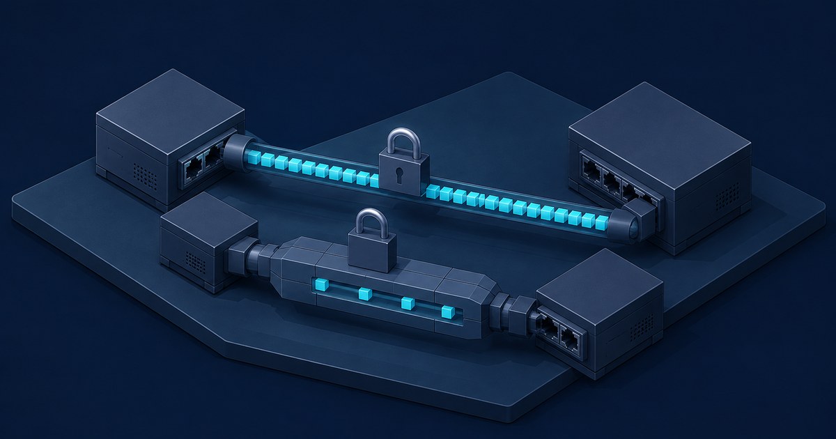 Four dark network appliances exchange glowing cyan data streams through padlocked tunnels, visualizing secure VPN performance.