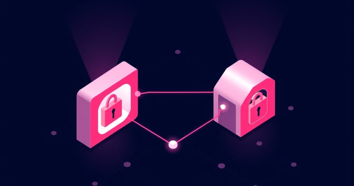 Flat isometric illustration of two pink padlock blocks under pale spotlights, joined by glowing pink lines that meet at a bright node between them.